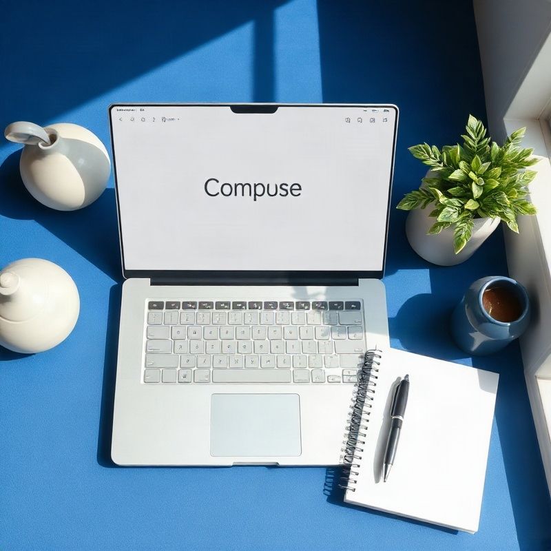Laptop abierta con ventana de correo, pluma y libreta sobre escritorio con acentos índigo