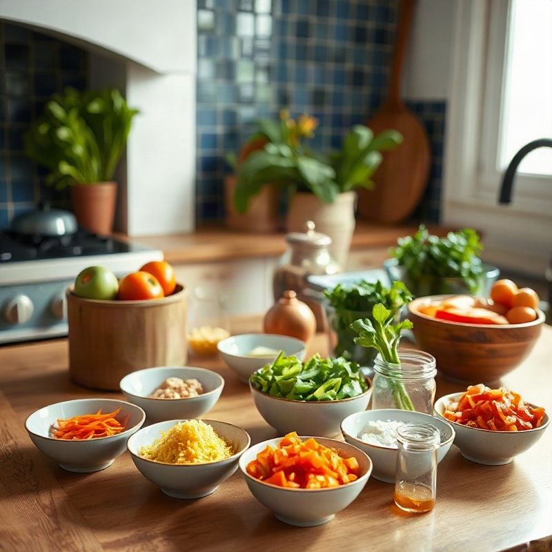 Estación de preparación de cocina bien organizada con verduras picadas en cuencos sobre madera cálida