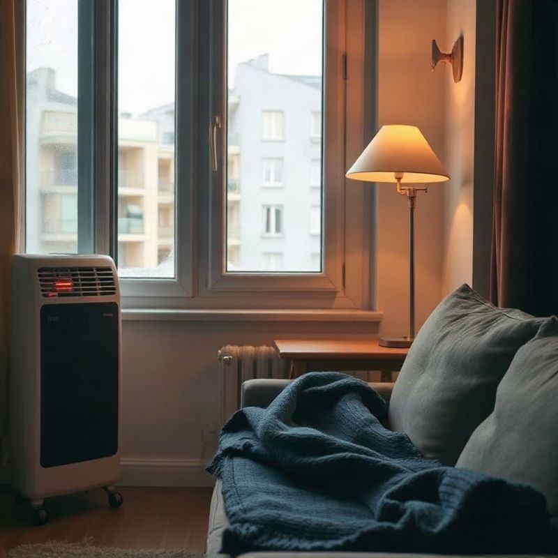 Sala de estar acogedora de un apartamento uruguayo en invierno con estufa eléctrica y ventana sellada